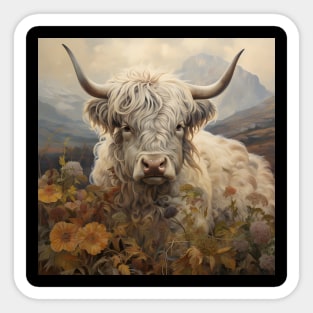 Highland Cattle Wildflowers Retro Art | Vintage-Inspired Landscape with Scottish Cows Sticker